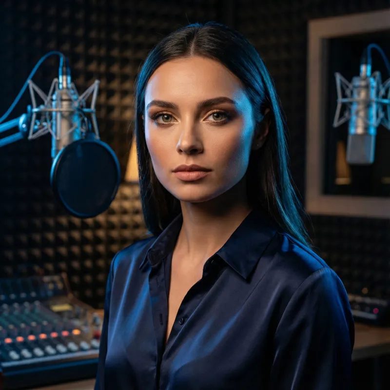 Elena in late night studio with warm intimate ambiance