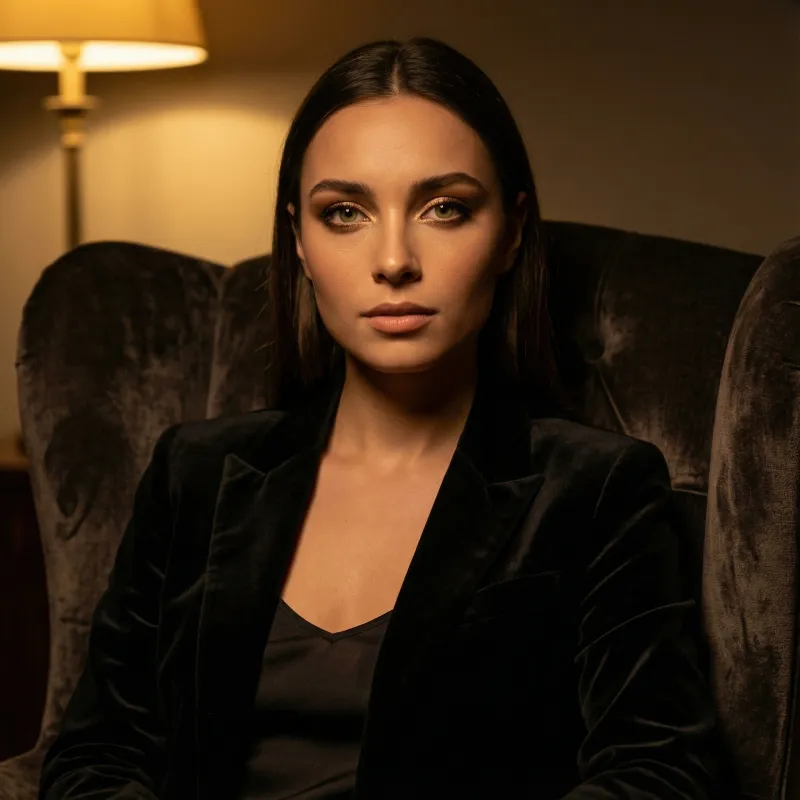 Elena sitting as observer in calm sensual pose