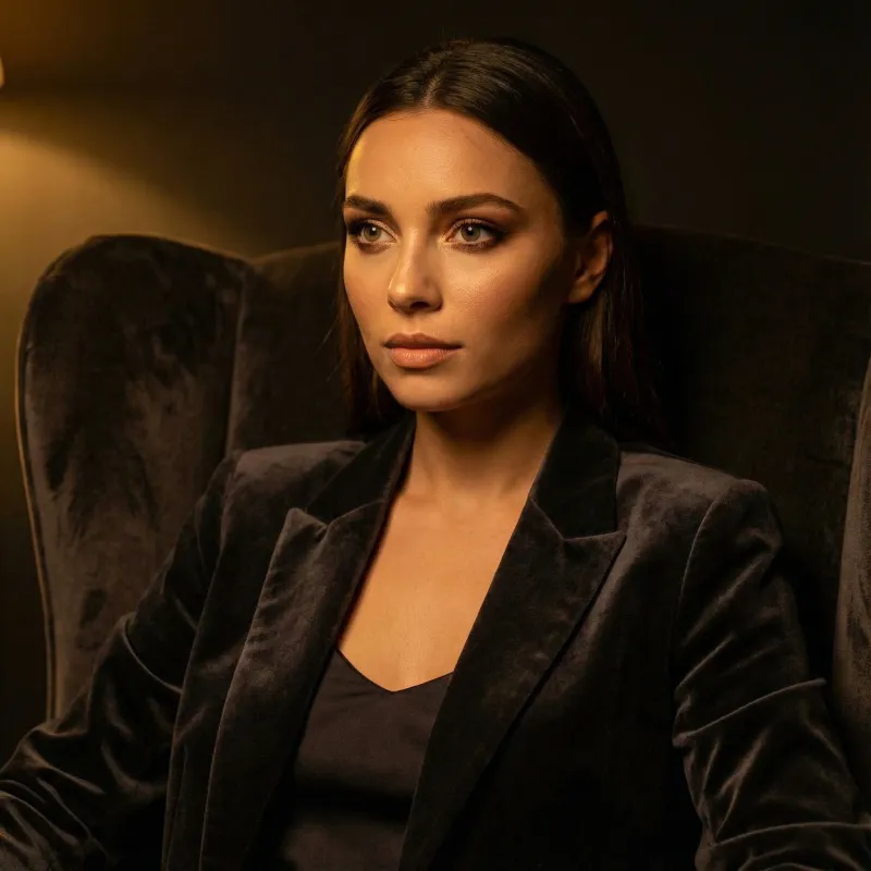 Elena seated observer pose with soft lighting