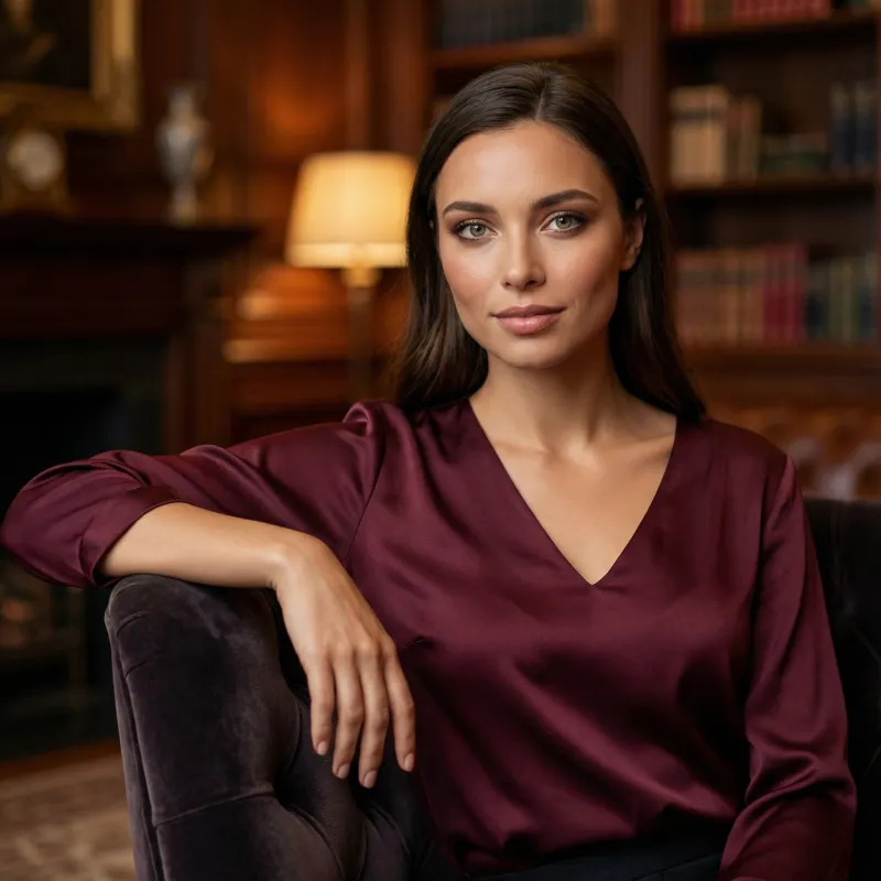 Elena sitting in velvet lounge with burgundy tones