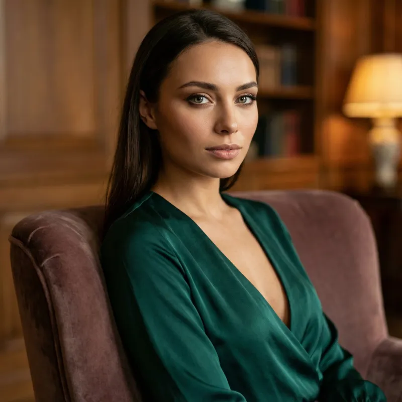 Mysterious woman standing portrait with sensual presence